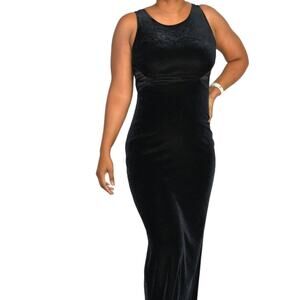Black Velvet Dress 90s Vintage Sheer Column Maxi Straight Stretch Bodycon Size 4